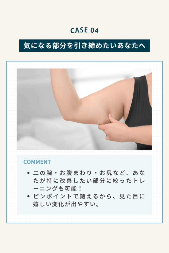 Maikaiパーソナルジム、二の腕・お腹・お尻など気になる部分を引き締めるパーソナルトレーニングの紹介画像。
部分痩せに対応したパーソナルジムのトレーニングプラン案内。
