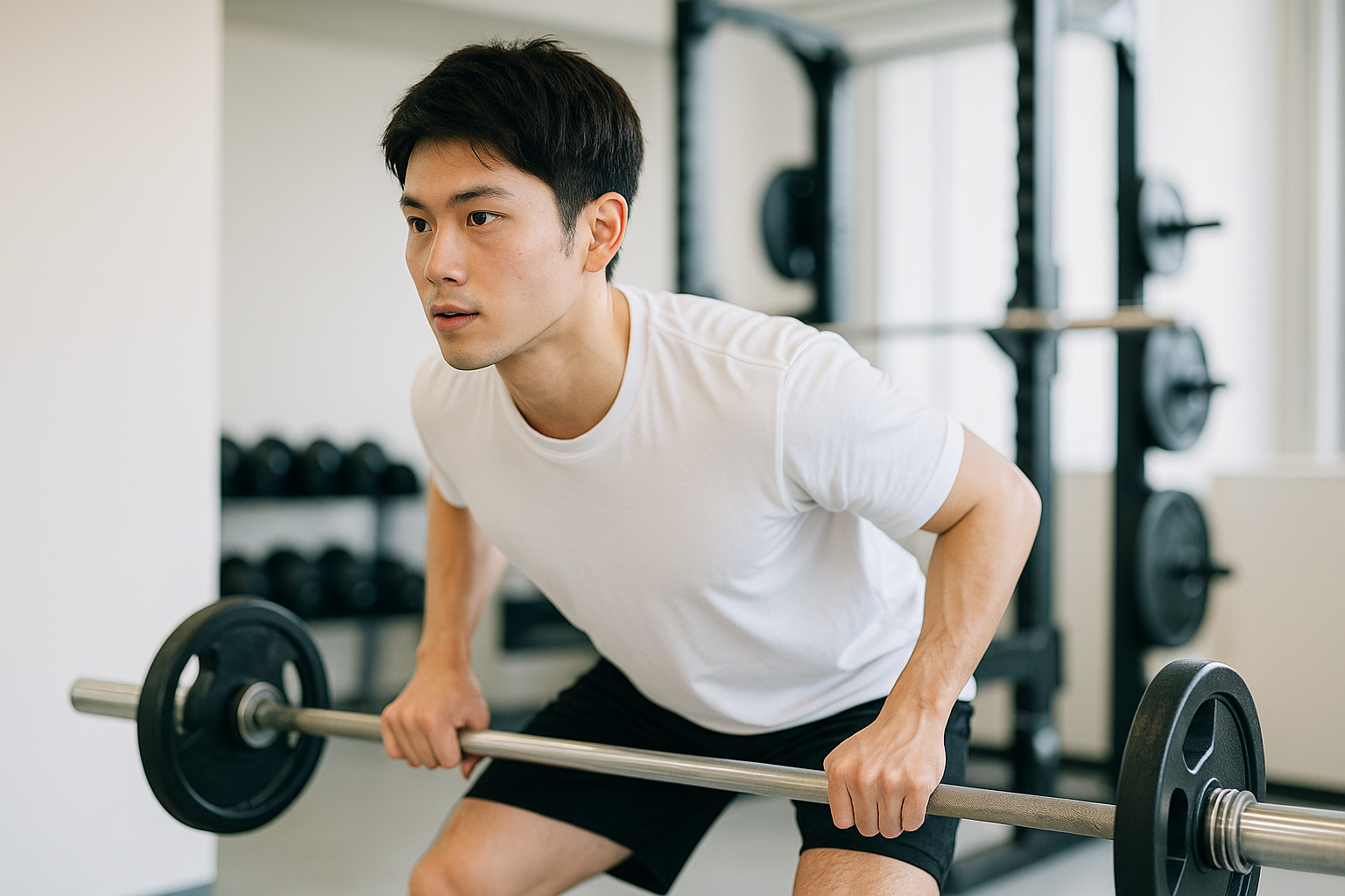 25〜30代の男性がジムでバーベルを持ち、筋トレを行っている写真