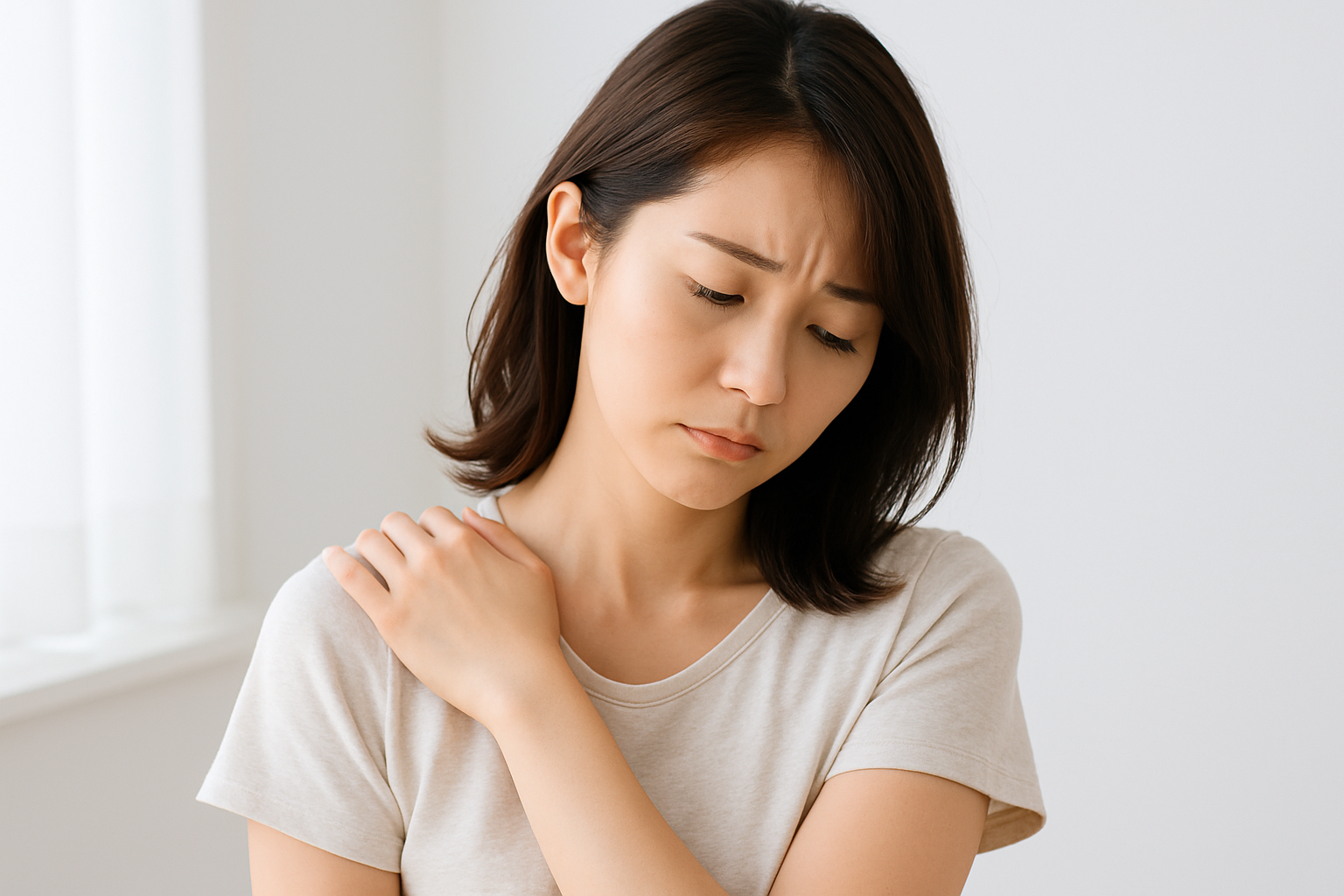 肩こりや巻き肩を気にする女性。ジムやトレーニング環境で肩を意識するポーズをとり、姿勢改善やトレーニングの重要性を表す。
