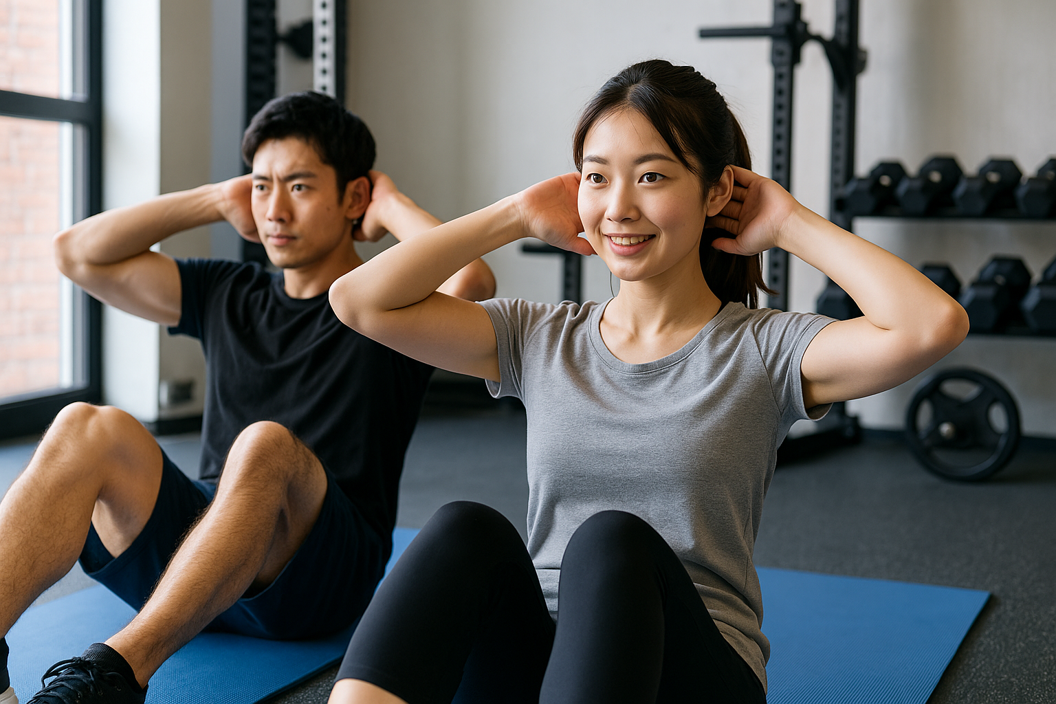 清潔感のあるジムで、日本人の男女がマットの上で腹筋トレーニングをしている様子。初心者でも取り組みやすい明るい雰囲気のリアル写真風画像。