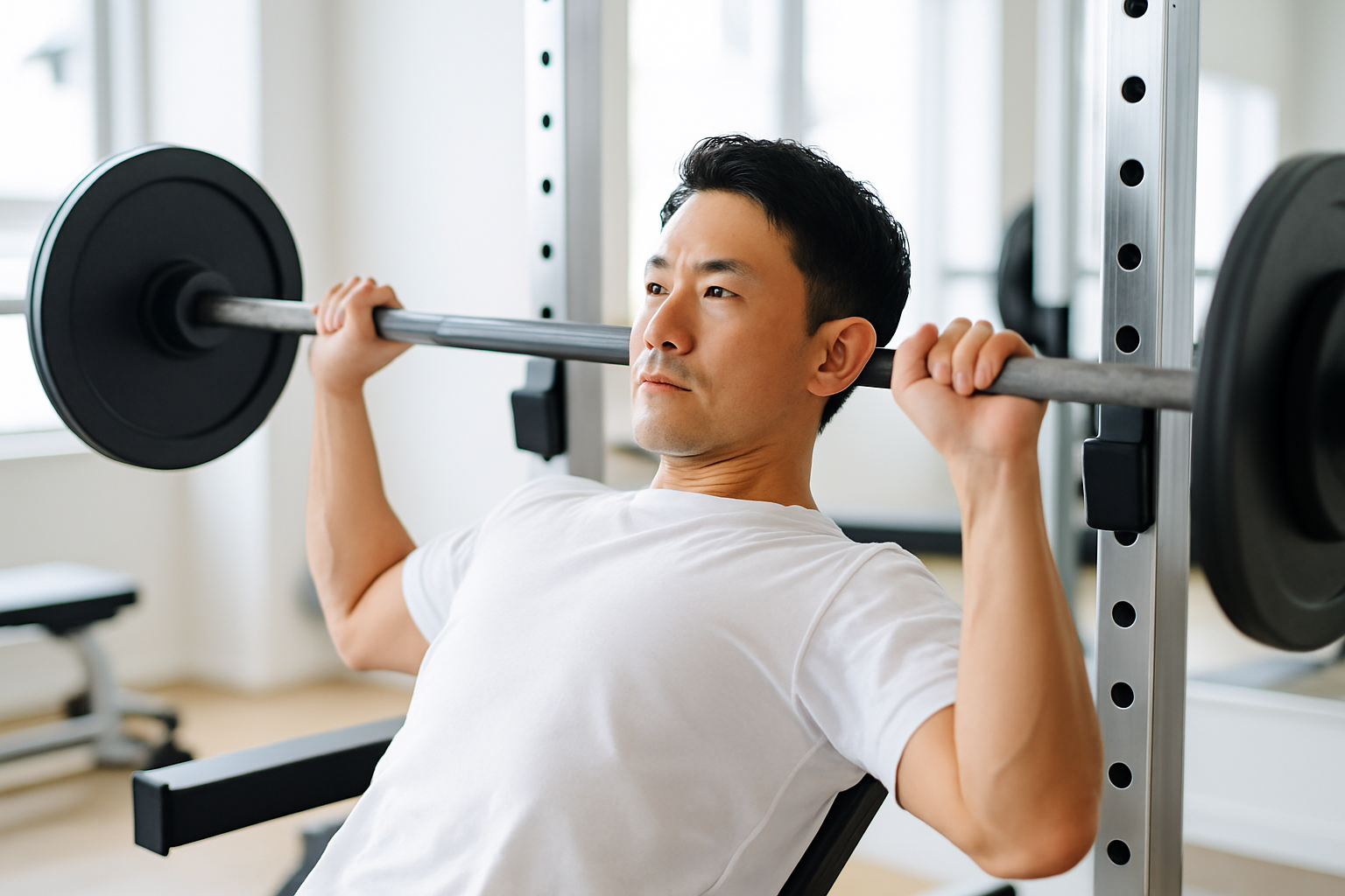 明るいジムでトレーニングに励む40代の男性。健康的で引き締まった体を目指して筋トレを行っている様子。