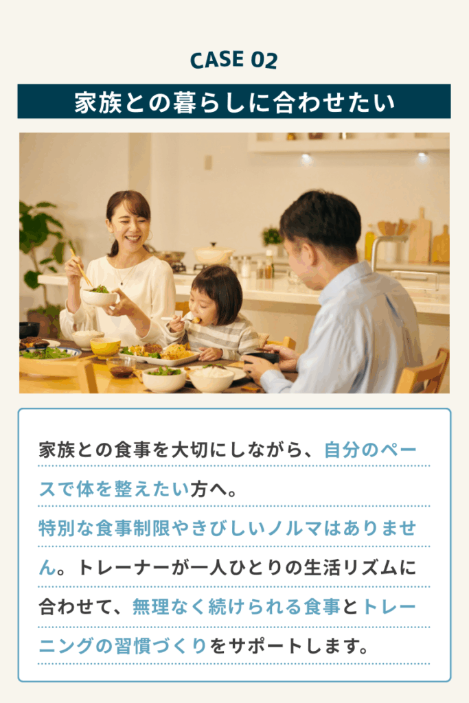 Maikaiパーソナルジムのプラン案内②。家族との食事を大切にしながら続けられるプラン紹介画像。子育てや家族優先の生活に合わせた、オーダーメイドのトレーニングサポート内容。