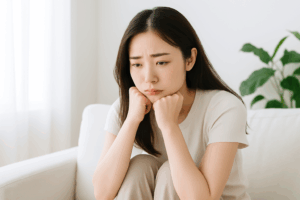 ダイエットが続かず悩む女性が、一人落ち込んでいる様子。ダイエット挫折の原因やメンタルの悩み、継続できないストレスを表現したイメージ写真。