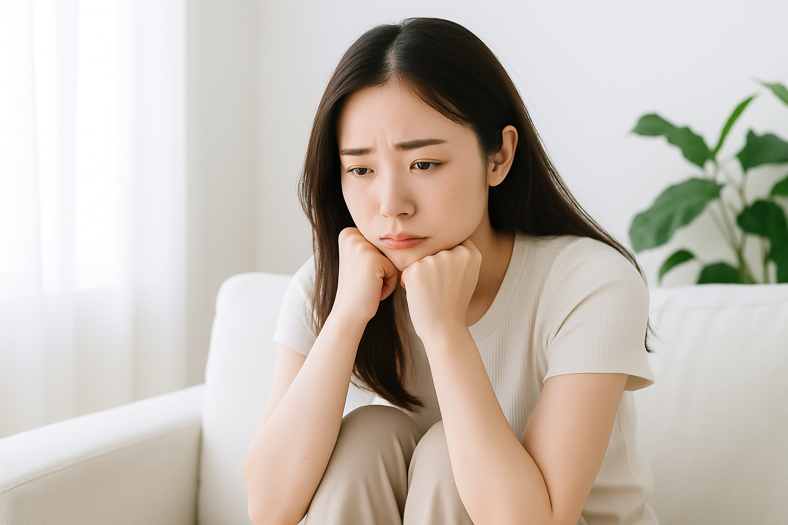 ダイエットが続かず悩む女性が、一人落ち込んでいる様子。ダイエット挫折の原因やメンタルの悩み、継続できないストレスを表現したイメージ写真。