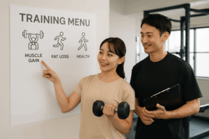 ジム空間で男女がトレーニングメニューを確認しながら運動種目を選択している様子。目的別トレーニングをイメージした写真。