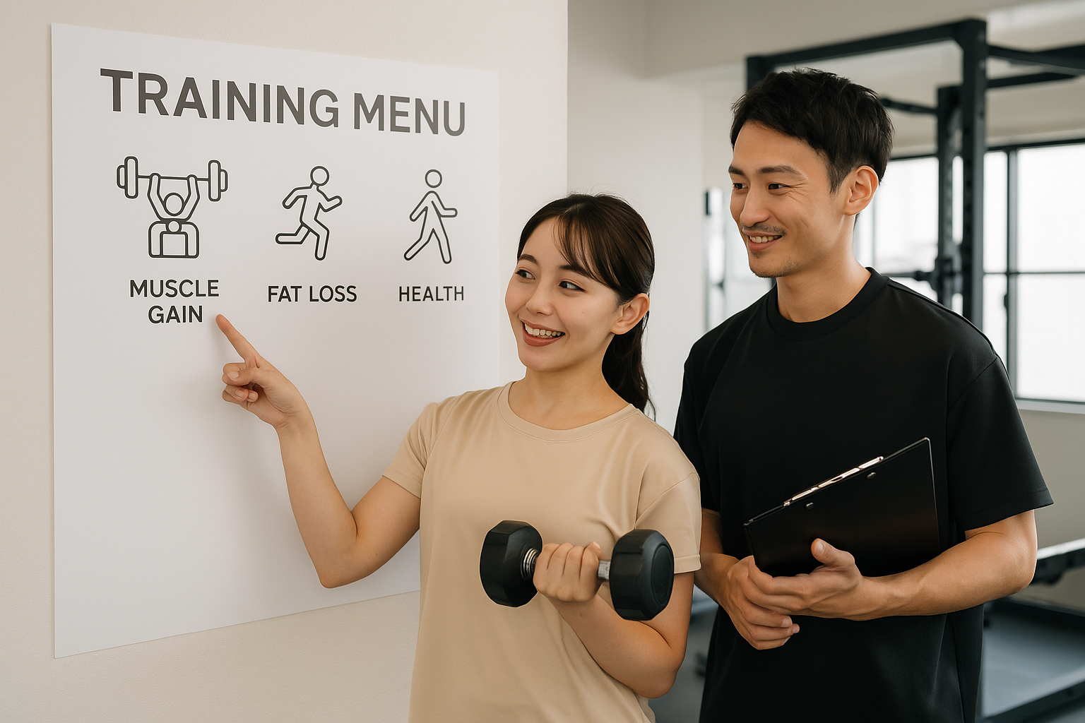 ジム空間で男女がトレーニングメニューを確認しながら運動種目を選択している様子。目的別トレーニングをイメージした写真。