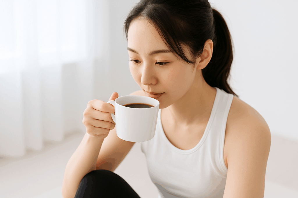 ダイエットが続かないことに悩む日本人女性が自宅で考え込む様子。脂肪燃焼や筋トレ効果を高めるための食習慣やコーヒーダイエットの必要性を示唆するイメージ