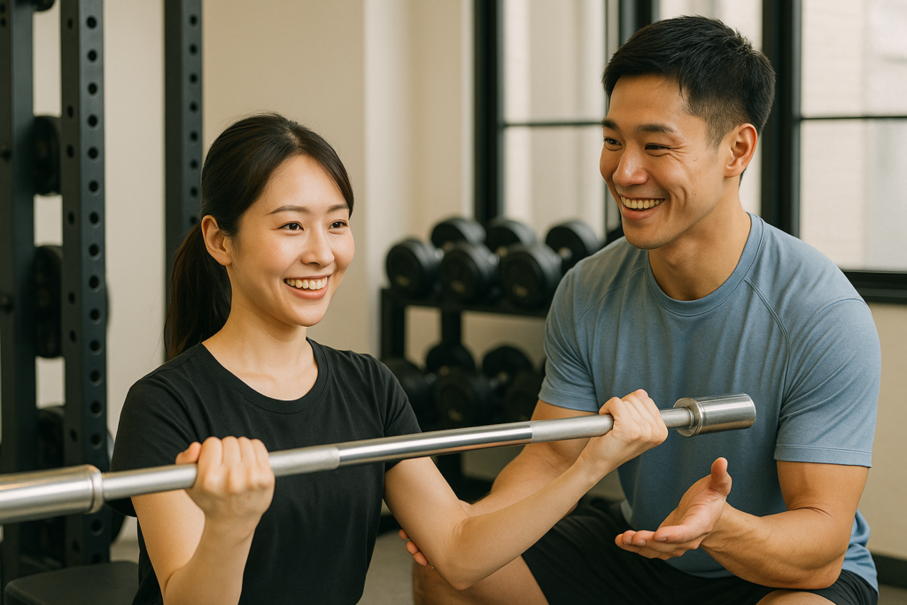 パーソナルトレーナーがジムでクライアントにトレーニング指導を行っている様子。正しい食事習慣と運動を組み合わせて健康的な身体づくりをサポートするシーン